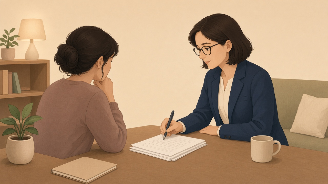 상담실에서 피해자와 마주 앉아 서류를 함께 보며 경청하는 상담사