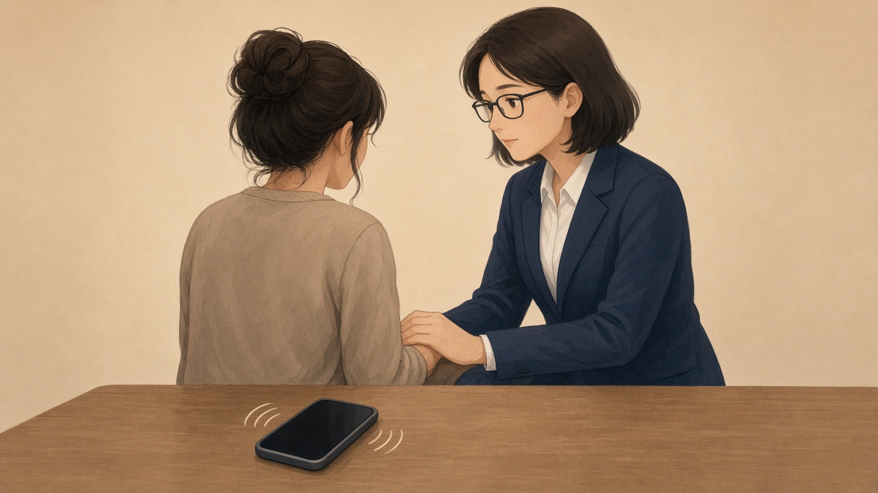 울리는 휴대폰 앞에서 불안해하는 피해자의 손을 잡아주며 지키는 상담사