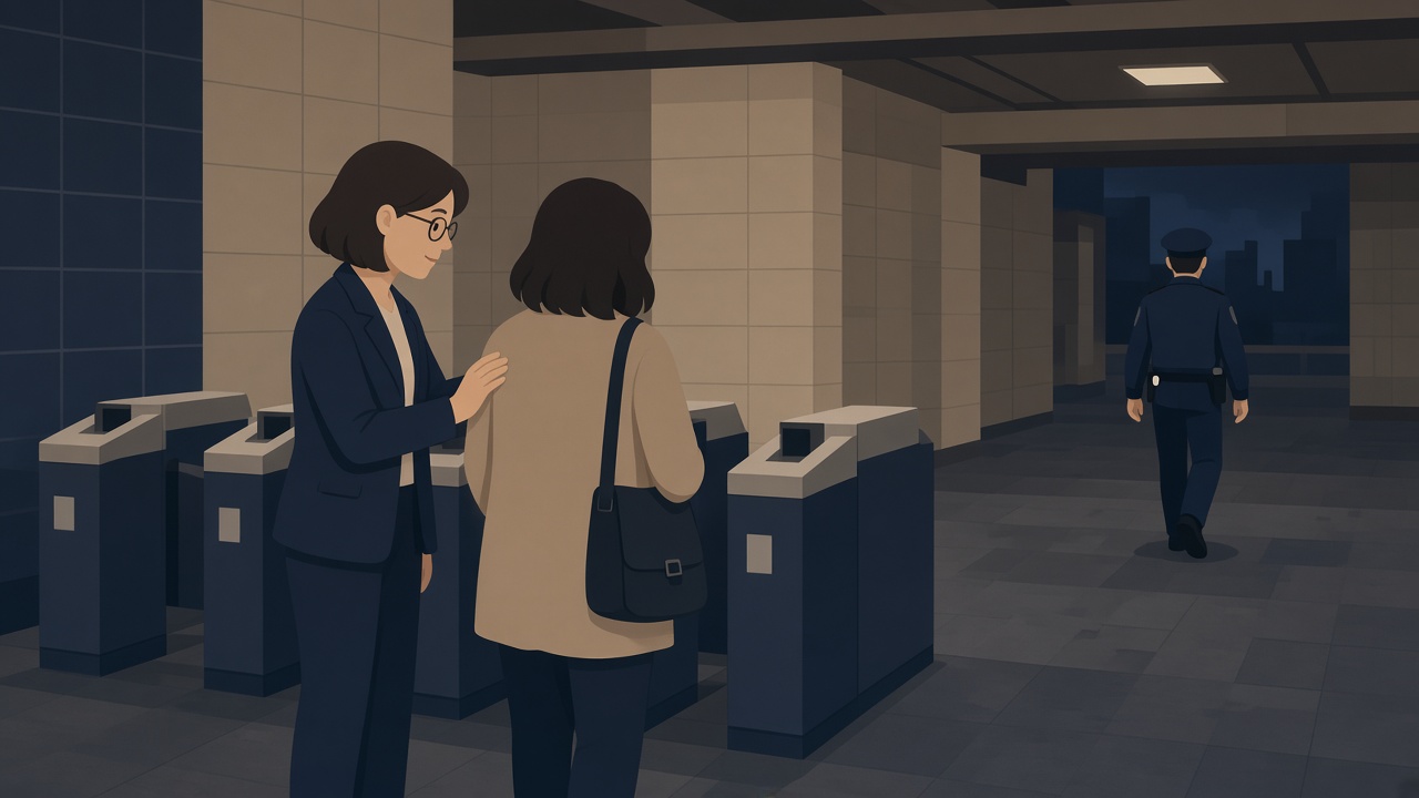 밤 지하철역 개찰구 앞에서 피해자와 동행하며 멀리 순찰하는 경찰이 보이는 장면