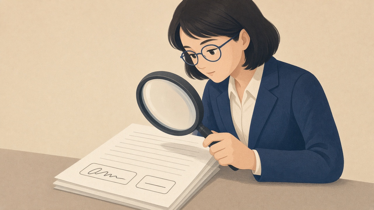 돋보기로 서류의 서명란과 날짜란을 꼼꼼히 검토하는 주인공