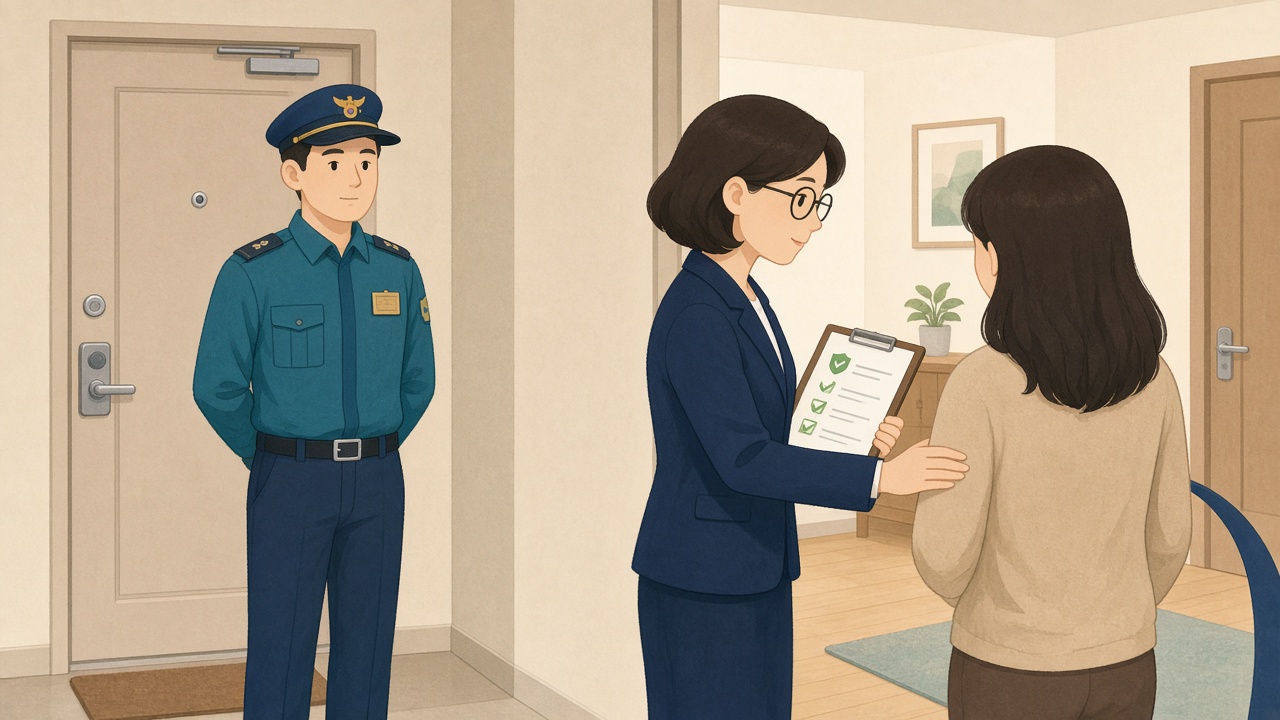 현관 앞에서 경찰·상담사가 체크리스트를 확인하며 피해자를 안전한 방으로 안내하는 장면