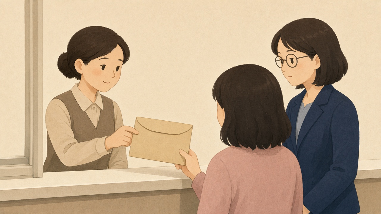 지원 창구에서 생계비 봉투를 받는 피해자와 동행한 상담사