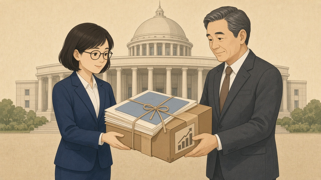 의사당 앞에서 법안 꾸러미를 선배와 함께 전달하는 주인공